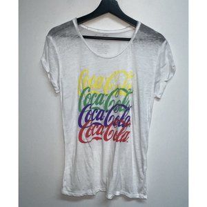Coca Cola Womens T-shirt Size S White Rainbow Multicolored Logo Burnout Tee